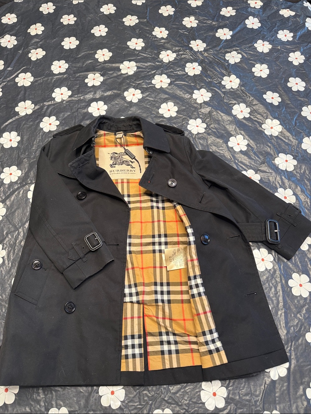 Burberry Black Pea Coat with Signature Beige Plaid Lining